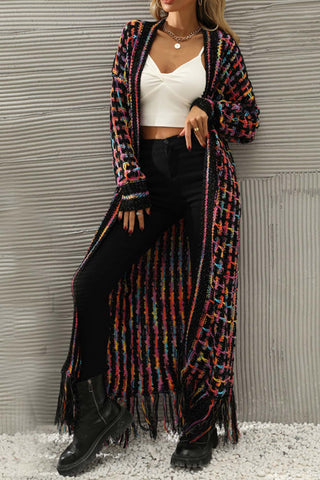 Sonicelife Contrast Fringe Hem Open Front Long Cardigan