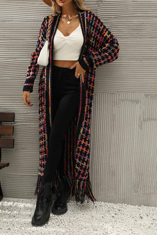 Sonicelife Contrast Fringe Hem Open Front Long Cardigan