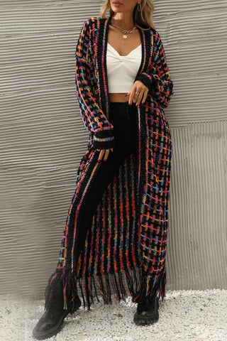 Sonicelife Contrast Fringe Hem Open Front Long Cardigan