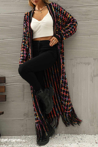 Sonicelife Contrast Fringe Hem Open Front Long Cardigan