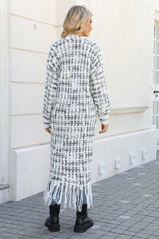 Sonicelife Contrast Fringe Hem Open Front Long Cardigan