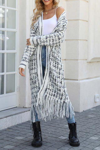 Sonicelife Contrast Fringe Hem Open Front Long Cardigan