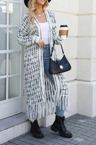 Sonicelife Contrast Fringe Hem Open Front Long Cardigan