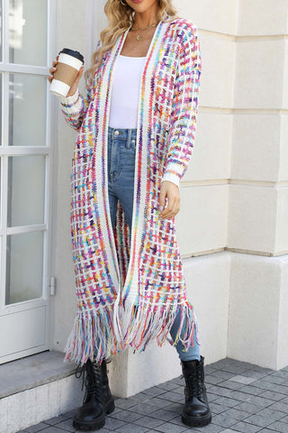 Sonicelife Contrast Fringe Hem Open Front Long Cardigan