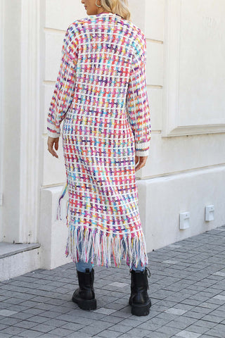 Sonicelife Contrast Fringe Hem Open Front Long Cardigan