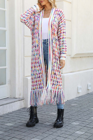 Sonicelife Contrast Fringe Hem Open Front Long Cardigan