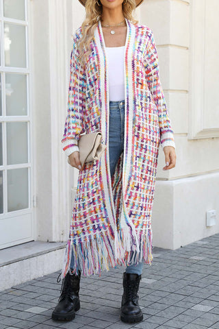 Sonicelife Contrast Fringe Hem Open Front Long Cardigan