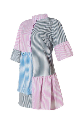 Sonicelife hoco dresses-Contrast Striped Flares Sleeve Shirt Dress