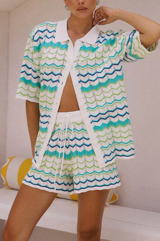 Sonicelife Contrast Striped Knit Cardigan Shorts Set