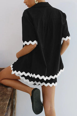 Sonicelife-Contrast Wavy Shirt Two-piece Shorts Set