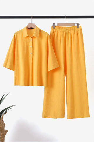 Sonicelife-Cotton Linen Blouse Long Pants Set