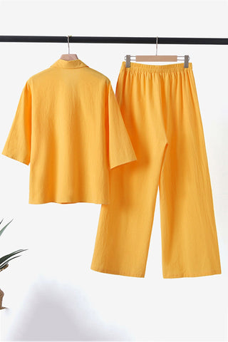 Sonicelife-Cotton Linen Blouse Long Pants Set