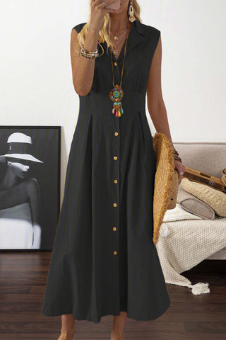 Sonicelife-Lapel Button Down Sleeveless Midi Dress