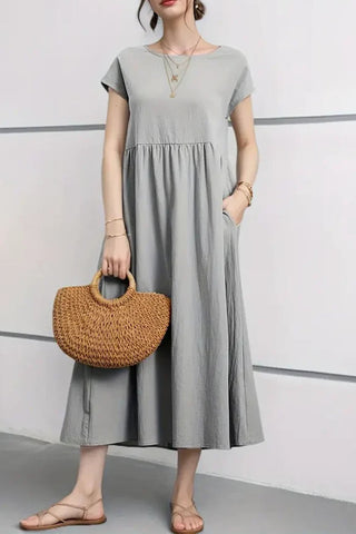 Sonicelife-Cotton Linen Solid Short Sleeve Midi Dress