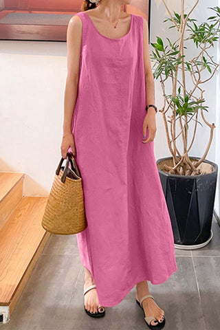 Sonicelife Cotton Round Neck Sleeveless Midi Dress