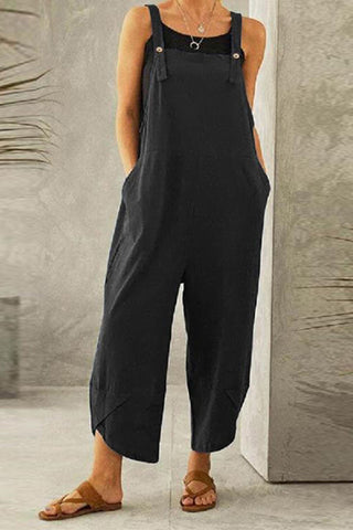 Sonicelife-Cotton Solid Color Strappy Jumpsuit