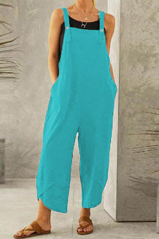 Sonicelife-Cotton Solid Color Strappy Jumpsuit