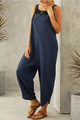 Sonicelife-Cotton Solid Color Strappy Jumpsuit