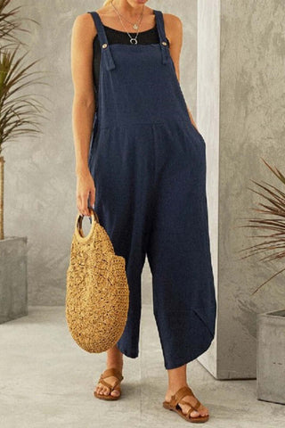 Sonicelife-Cotton Solid Color Strappy Jumpsuit