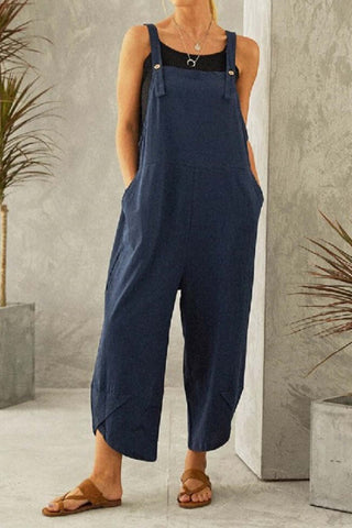 Sonicelife-Cotton Solid Color Strappy Jumpsuit