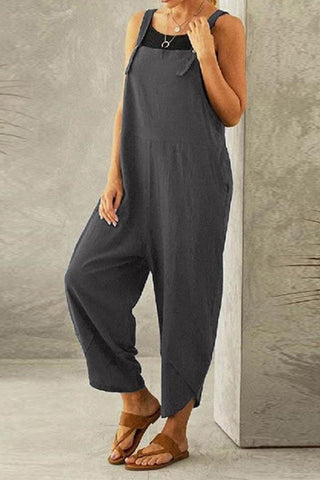 Sonicelife-Cotton Solid Color Strappy Jumpsuit