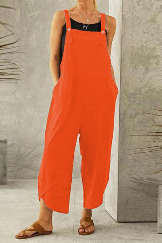 Sonicelife-Cotton Solid Color Strappy Jumpsuit