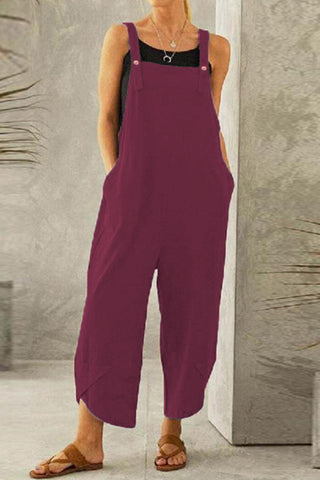 Sonicelife-Cotton Solid Color Strappy Jumpsuit