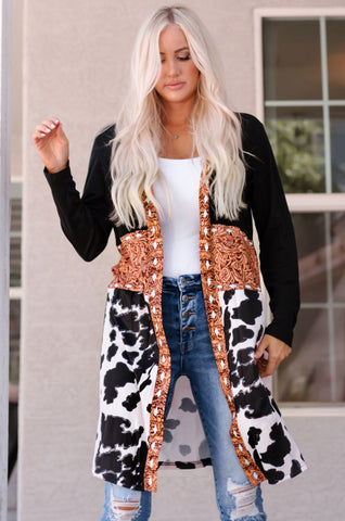 Sonicelife Cow Print Patchwork Open Front Cardigan