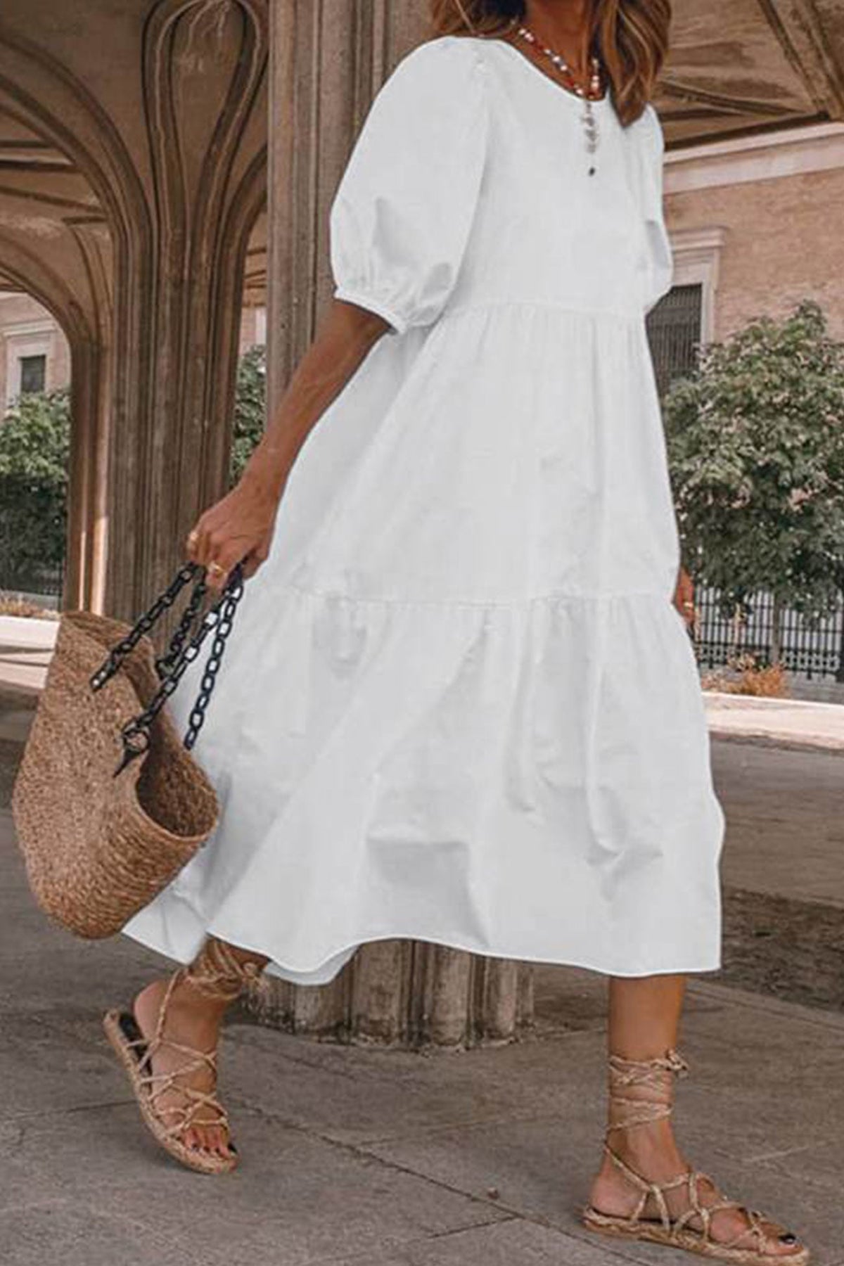 Sonicelife-Crew Neck Cotton Tiered Dress