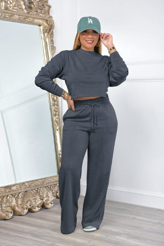 Sonicelife Crew Neck Crop Top Wide Leg Long Pants Suits