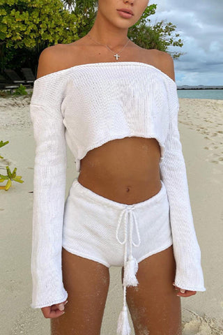 Sonicelife Crew Neck Knitted Crop Top Shorts Set