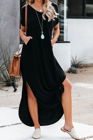 Sonicelife Crew Neck Ruched Slit Dress