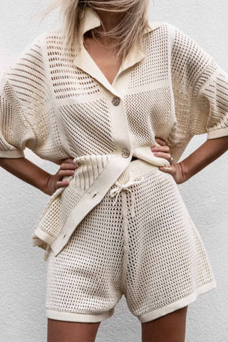 Sonicelife-Cutout V Neck Lapel Drawstring Shorts Two-piece Set