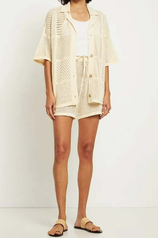 Sonicelife-Cutout V Neck Lapel Drawstring Shorts Two-piece Set