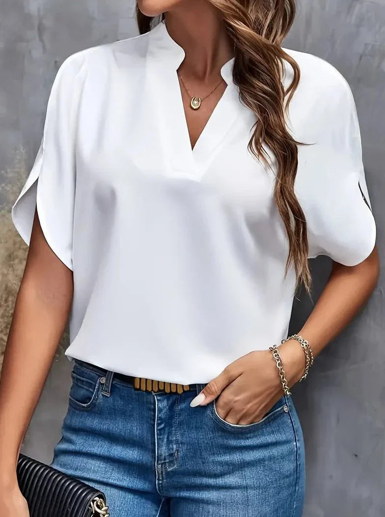 Sonicelife-Elegant Short Sleeve Deep Notch V Neck Blouse