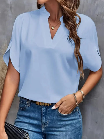 Sonicelife-Elegant Short Sleeve Deep Notch V Neck Blouse