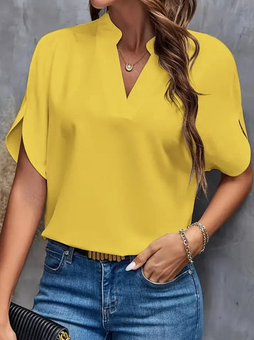 Sonicelife-Elegant Short Sleeve Deep Notch V Neck Blouse