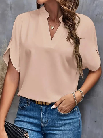 Sonicelife-Elegant Short Sleeve Deep Notch V Neck Blouse