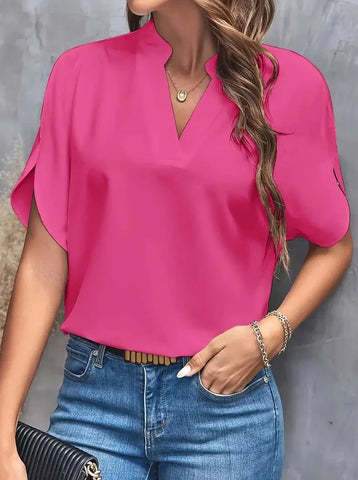 Sonicelife-Elegant Short Sleeve Deep Notch V Neck Blouse