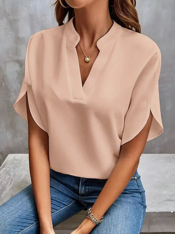 Sonicelife-Elegant Short Sleeve Deep Notch V Neck Blouse