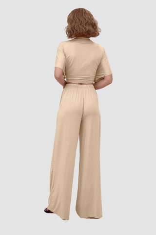 Sonicelife-Deep V-neck Top & Elastic Wide Leg Pants