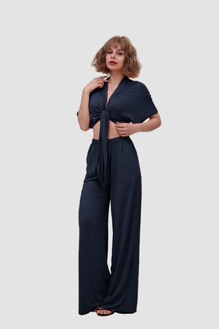 Sonicelife-Deep V-neck Top & Elastic Wide Leg Pants