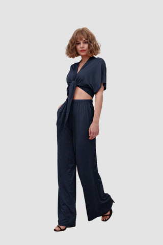 Sonicelife-Deep V-neck Top & Elastic Wide Leg Pants