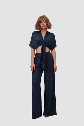 Sonicelife-Deep V-neck Top & Elastic Wide Leg Pants