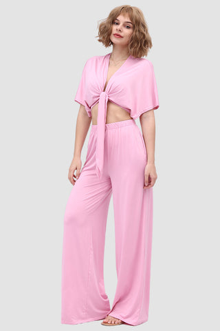 Sonicelife-Deep V-neck Top & Elastic Wide Leg Pants