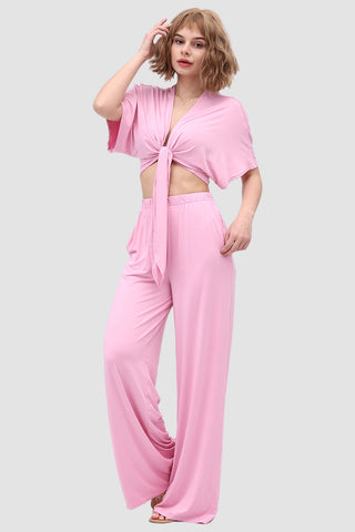 Sonicelife-Deep V-neck Top & Elastic Wide Leg Pants