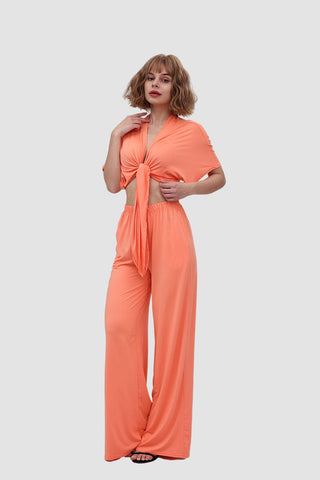 Sonicelife-Deep V-neck Top & Elastic Wide Leg Pants