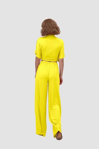 Sonicelife-Deep V-neck Top & Elastic Wide Leg Pants