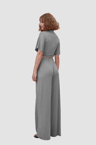 Sonicelife-Deep V-neck Top & Elastic Wide Leg Pants