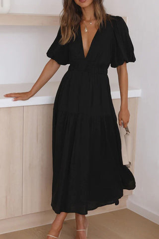 Sonicelife Deep V Neck Puff Sleeve Tiered Dress